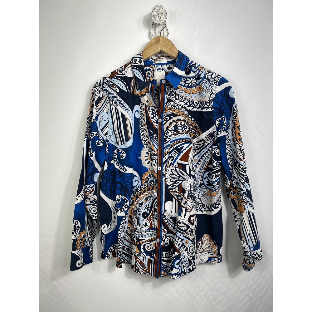 Chico's Button Down Women 2 Blue Paisley No-Iron Cotton Long Sleeve Blouse Top